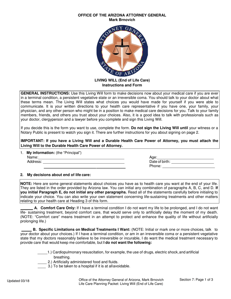 Living Will Form (End of Life Care) - Arizona, Page 1