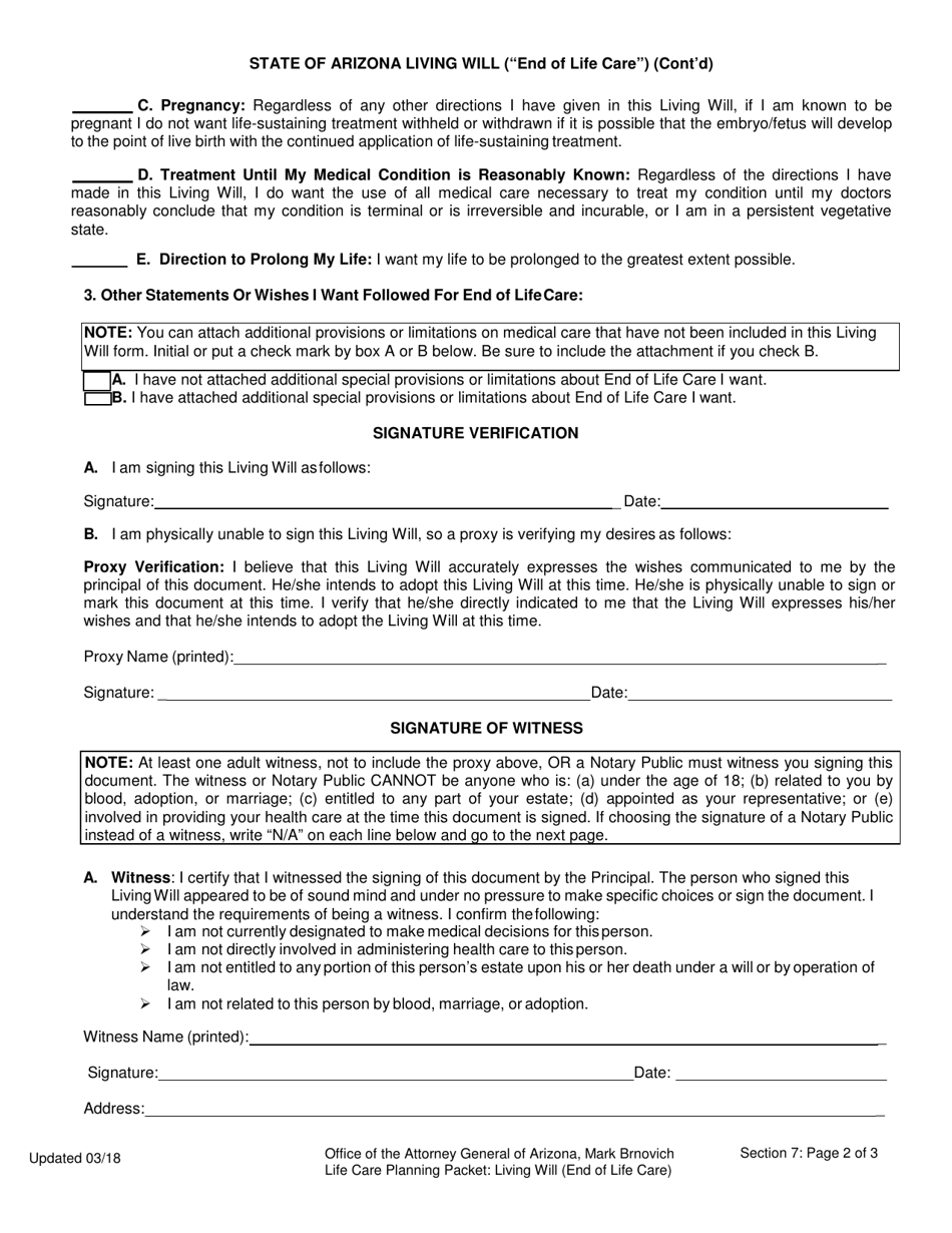 Arizona Living Will Form (End of Life Care) - Fill Out, Sign Online and ...