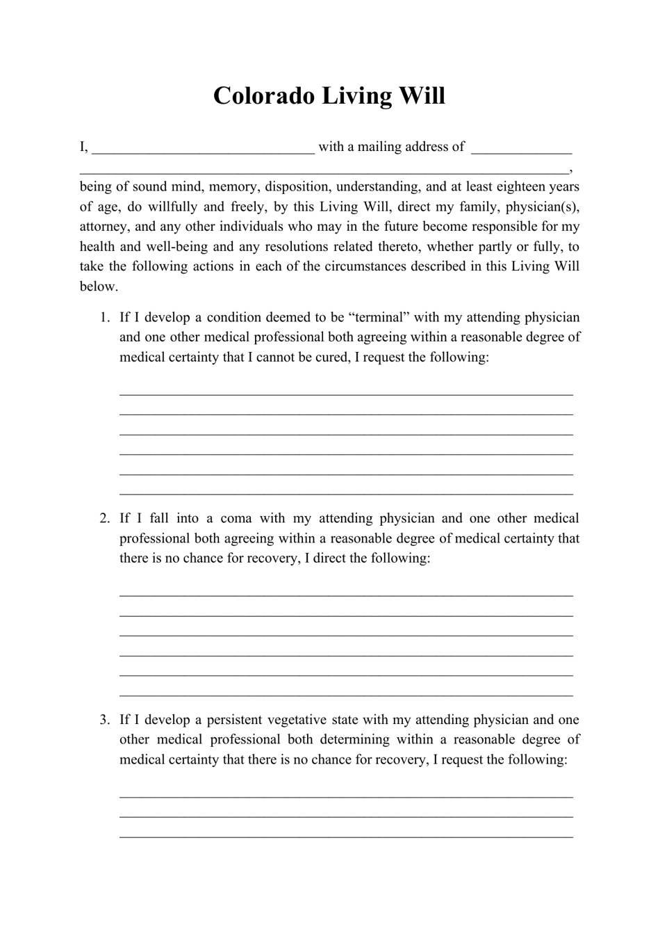 Colorado Living Will Form Fill Out Sign Online and Download PDF