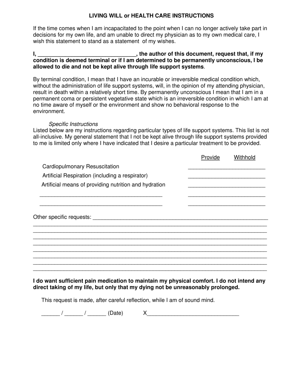 Living Will or Health Care Instructions - Connecticut Document