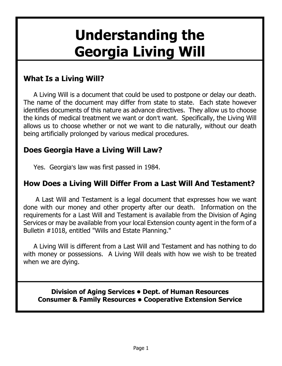 Living Will Form - Georgia (United States), Page 1