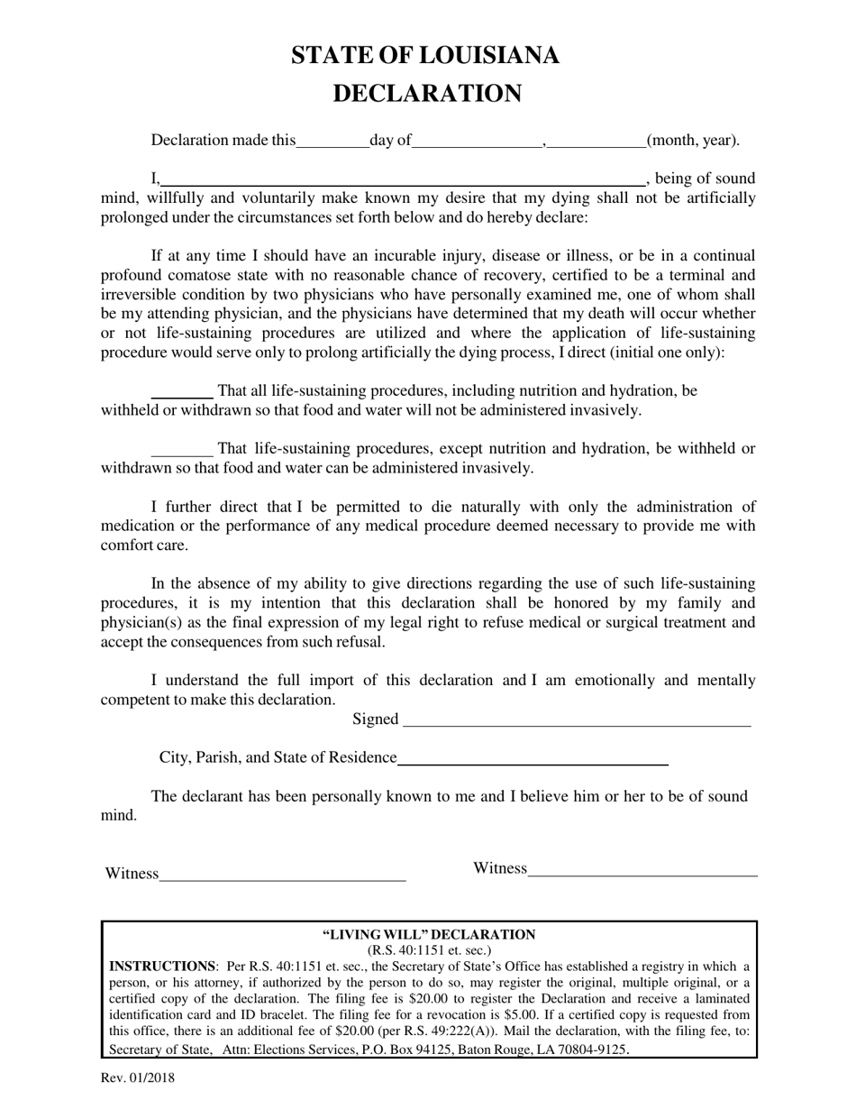 Living Will Declaration Form - Louisiana, Page 1