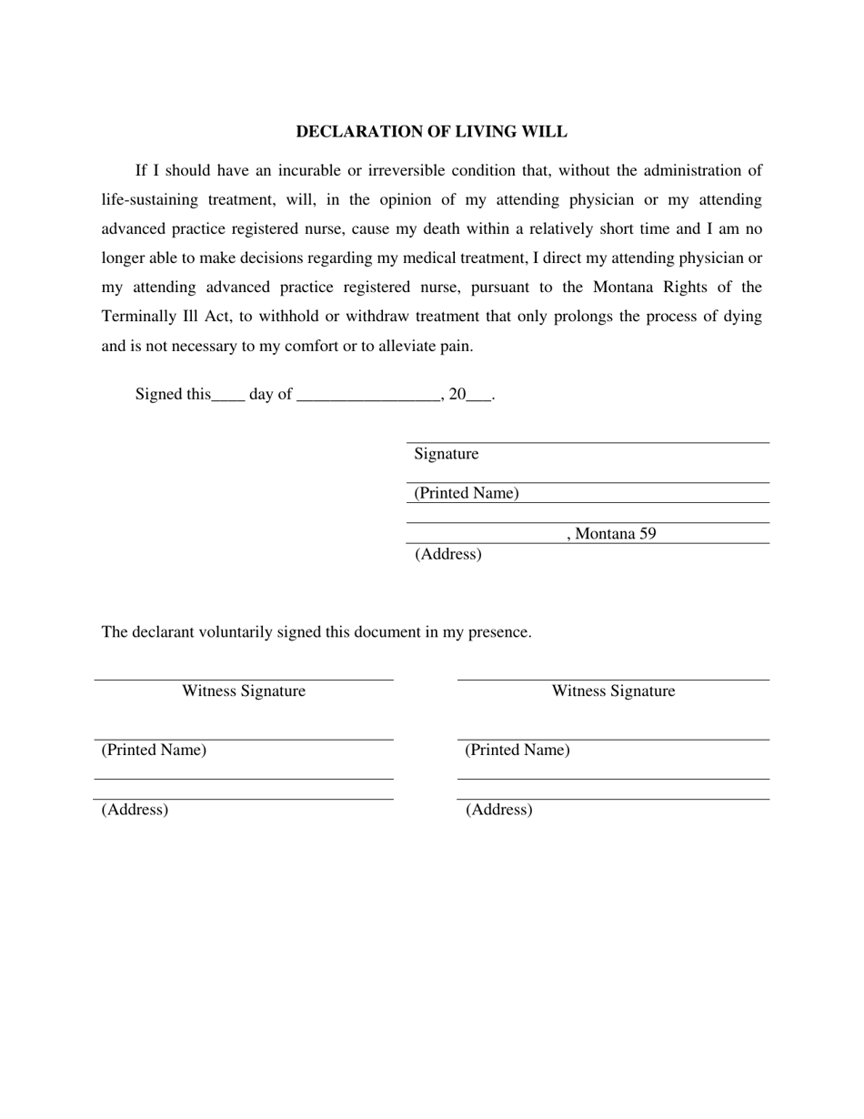 Declaration of Living Will Form - Montana, Page 1