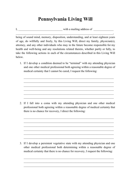 Pennsylvania Living Will Form Fill Out Sign Online And Download PDF 
