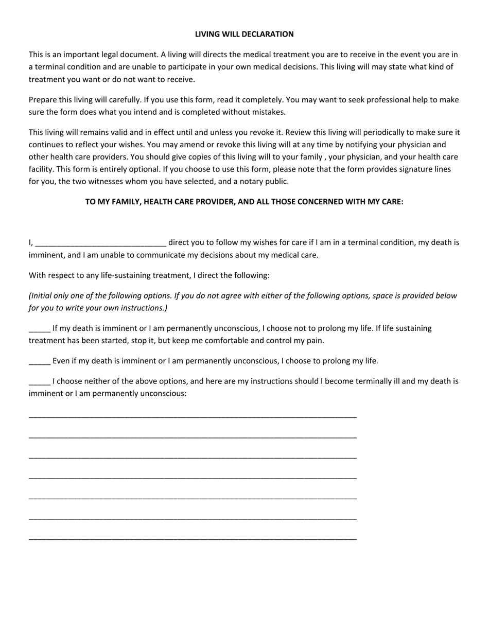 Living Will Declaration Form - South Dakota, Page 1