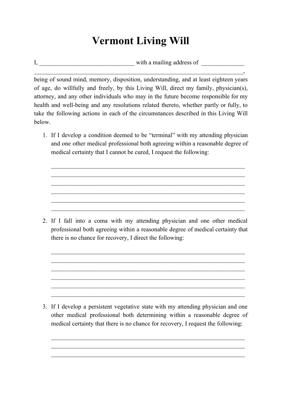 Vermont Living Will Form Fill Out, Sign Online and Download PDF