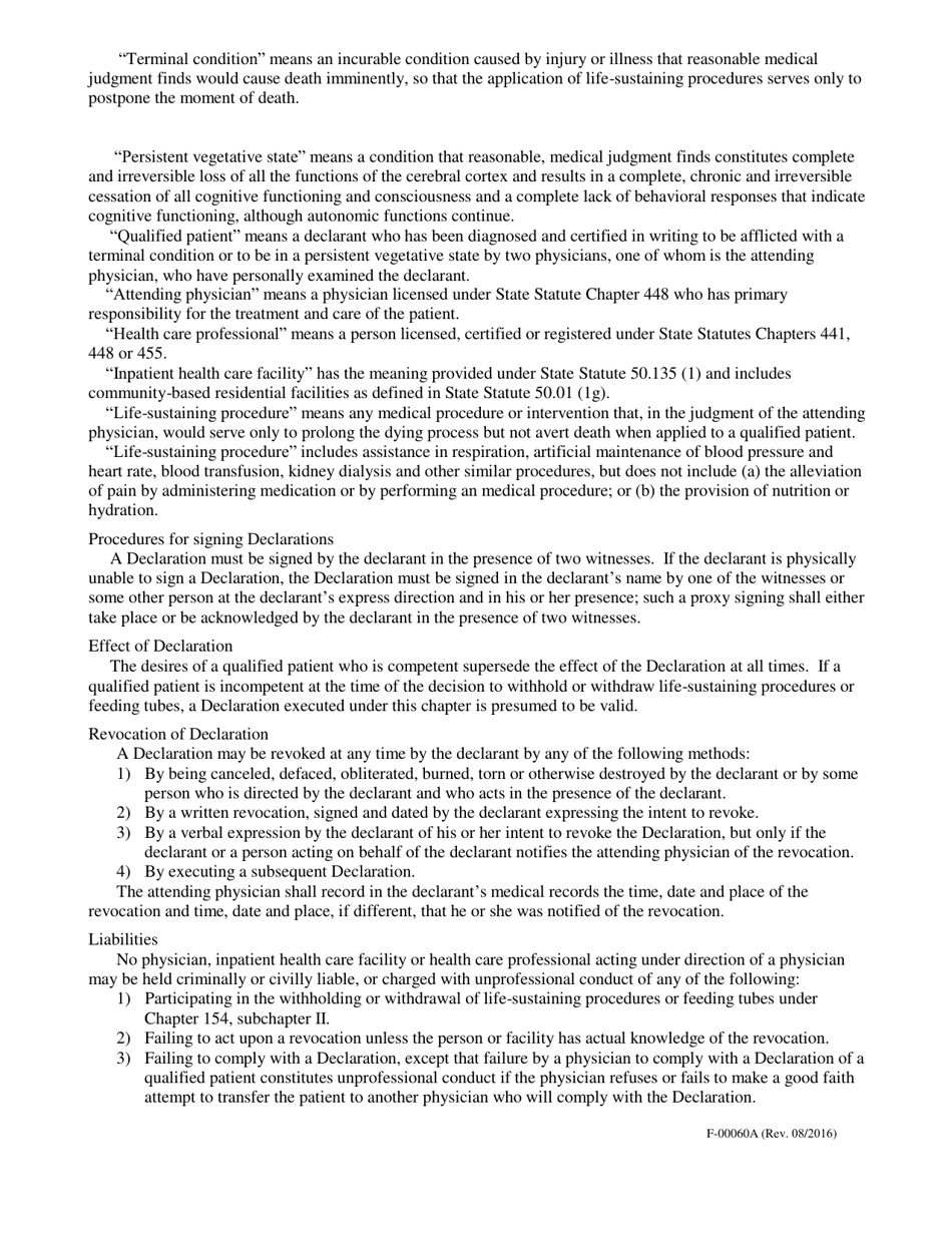 Declaration to Physicians (Wisconsin Living Will Form) - Wisconsin, Page 2