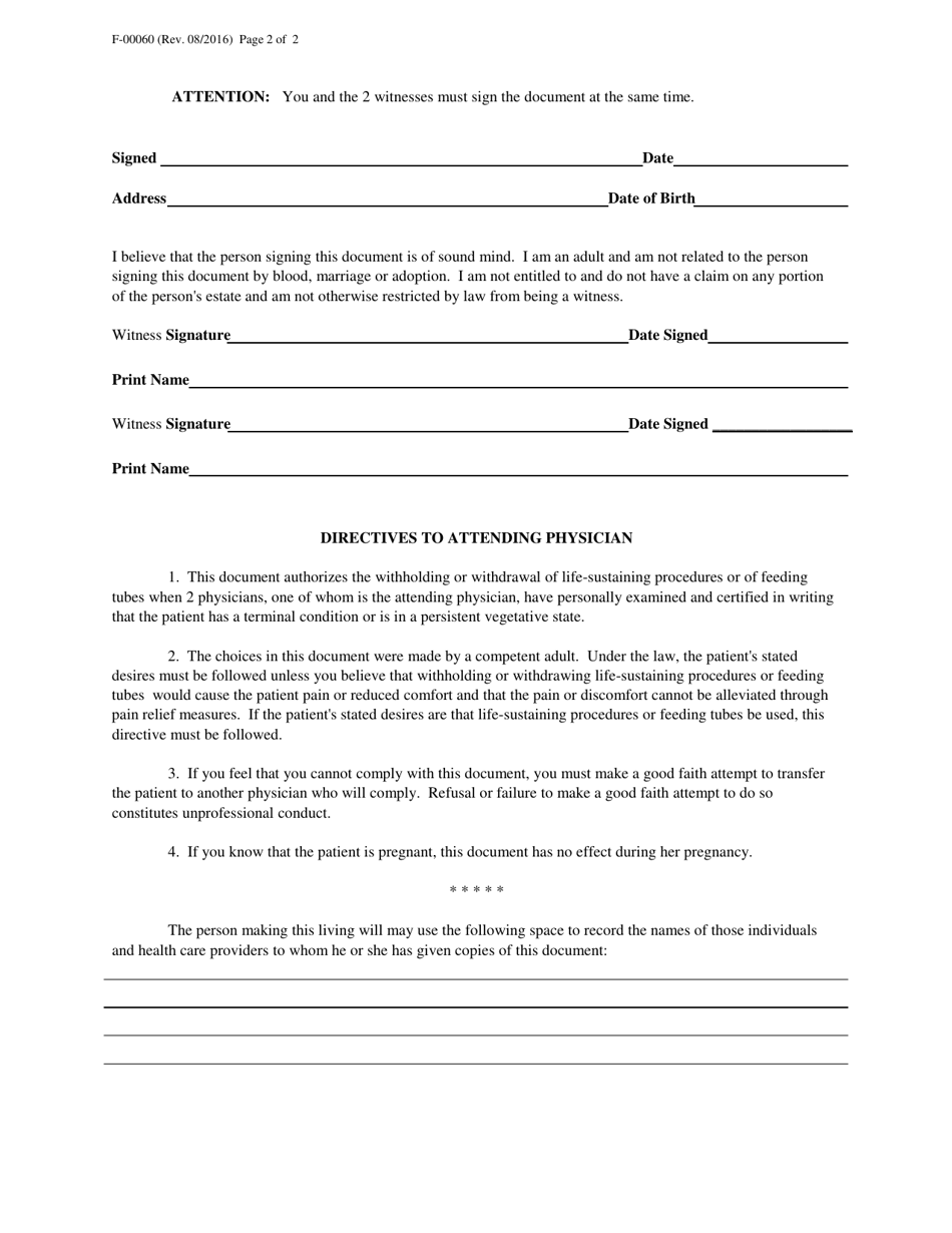 Declaration to Physicians (Wisconsin Living Will Form) - Wisconsin, Page 4