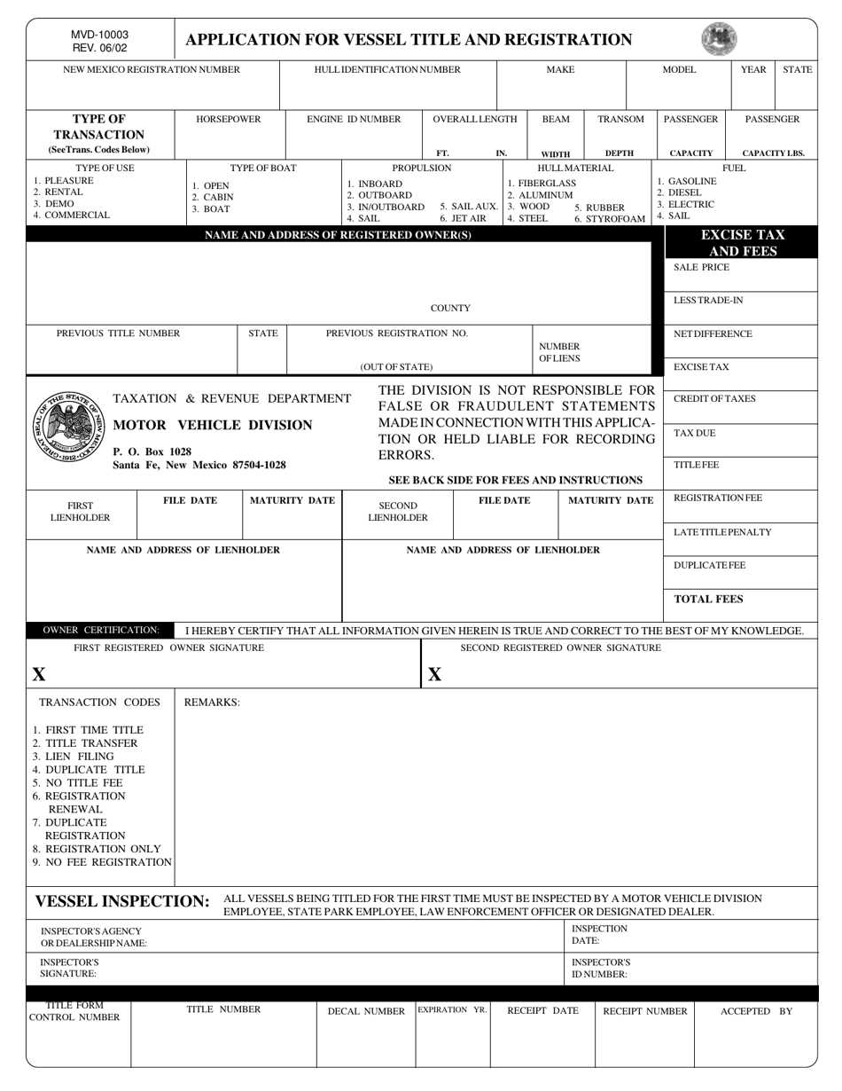 Form MVD-10003 Application for Vessel Title and Registration - New Mexico, Page 1