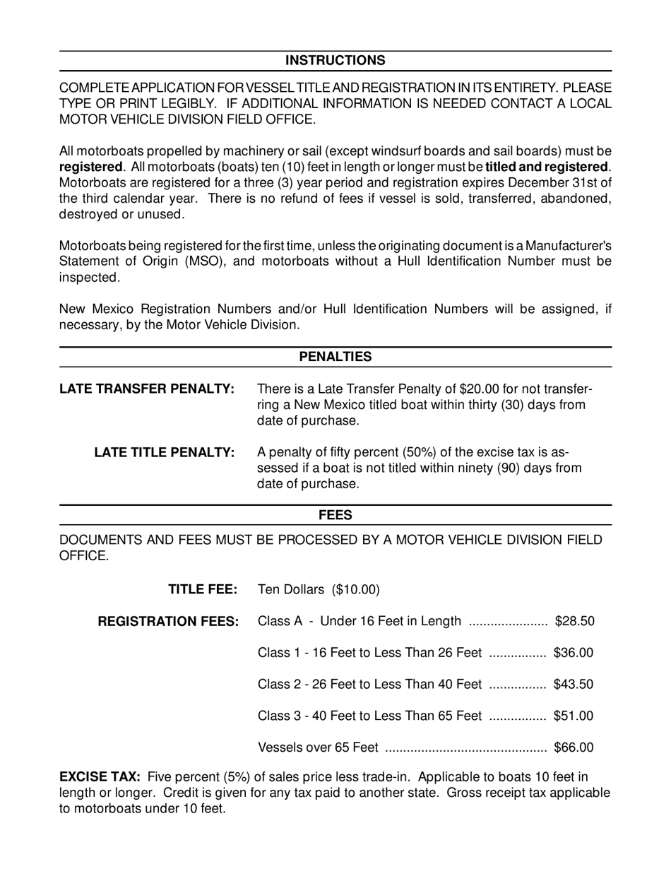 Form MVD-10003 Application for Vessel Title and Registration - New Mexico, Page 2