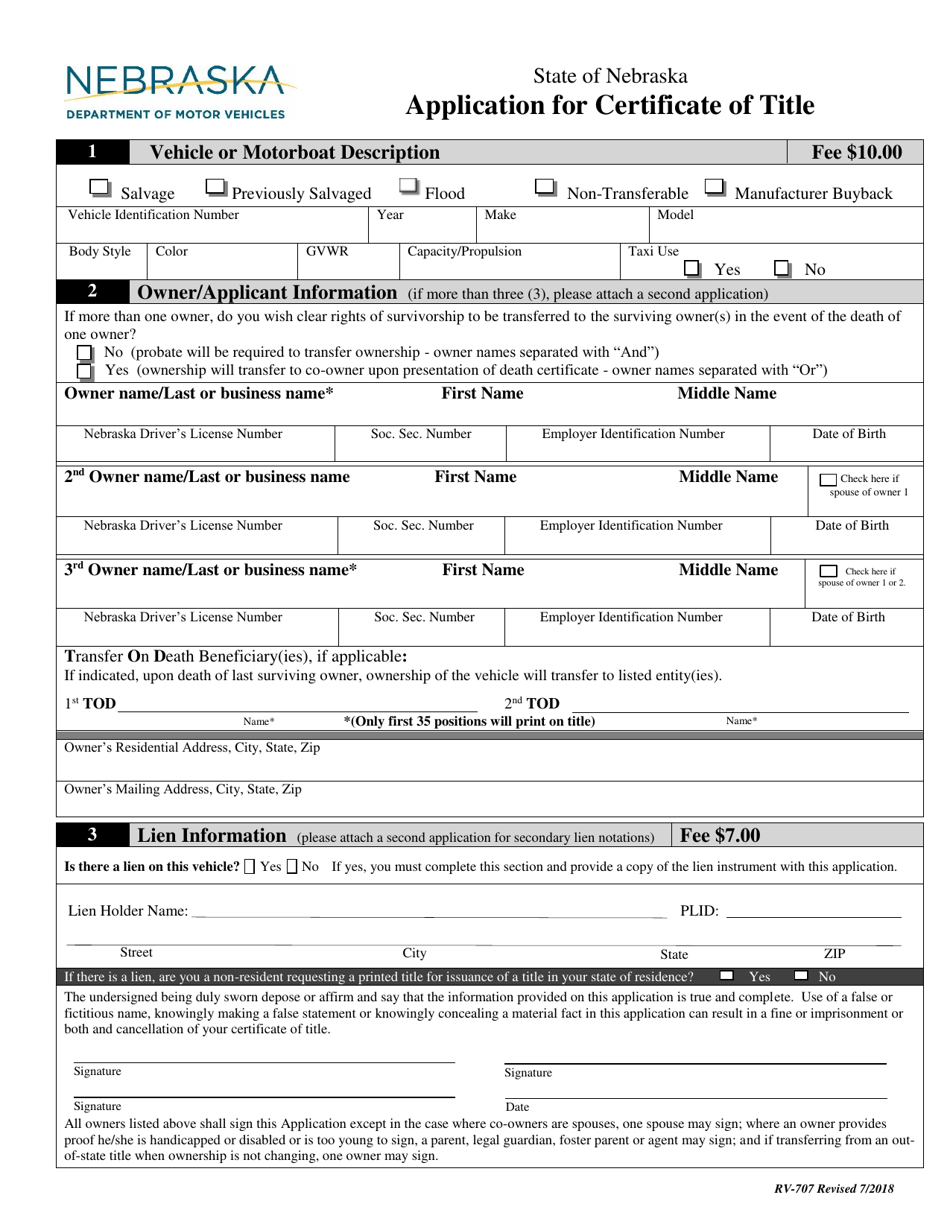 Form RV-707 Application for Certificate of Title - Nebraska, Page 1
