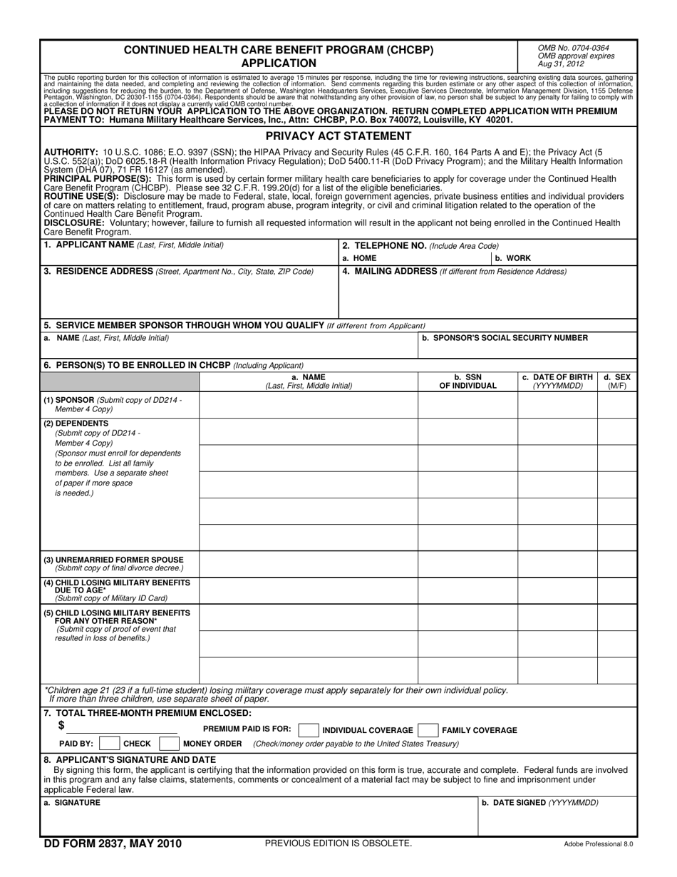 DD Form 2837 Continued Health Care Benefit Program (Chcbp) Application, Page 1