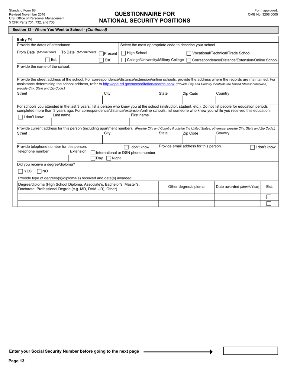 OPM Form SF-86 Questionnaire for National Security Positions, Page 16