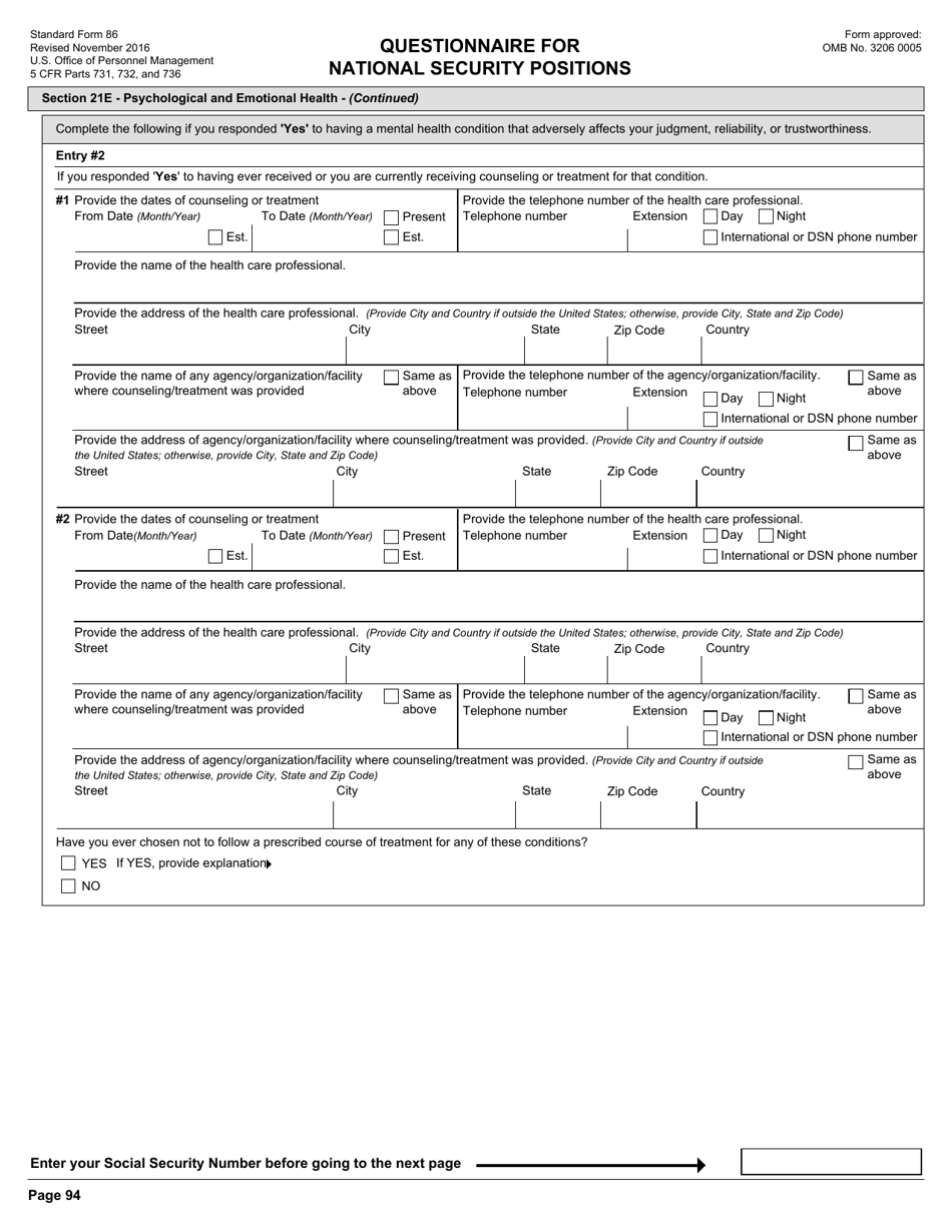 OPM Form SF-86 Questionnaire for National Security Positions, Page 97