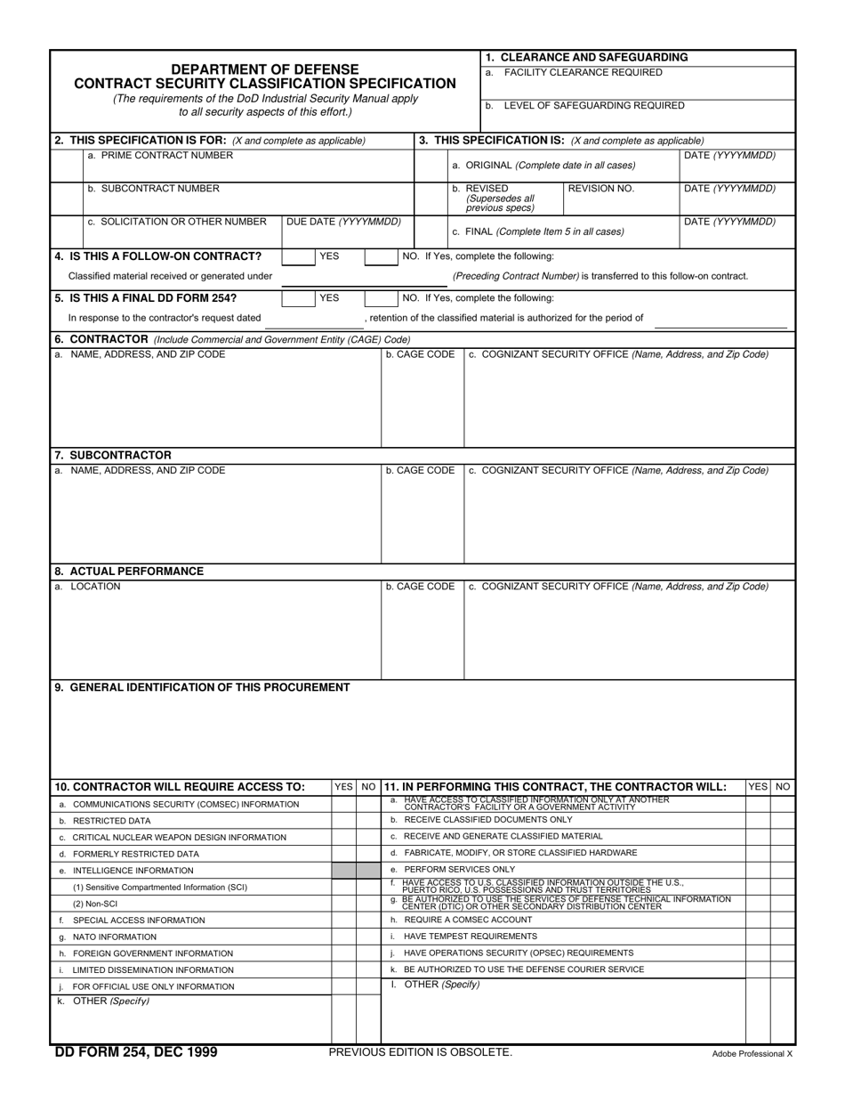 DD Form 254 Contract Security Classification Specification, Page 1