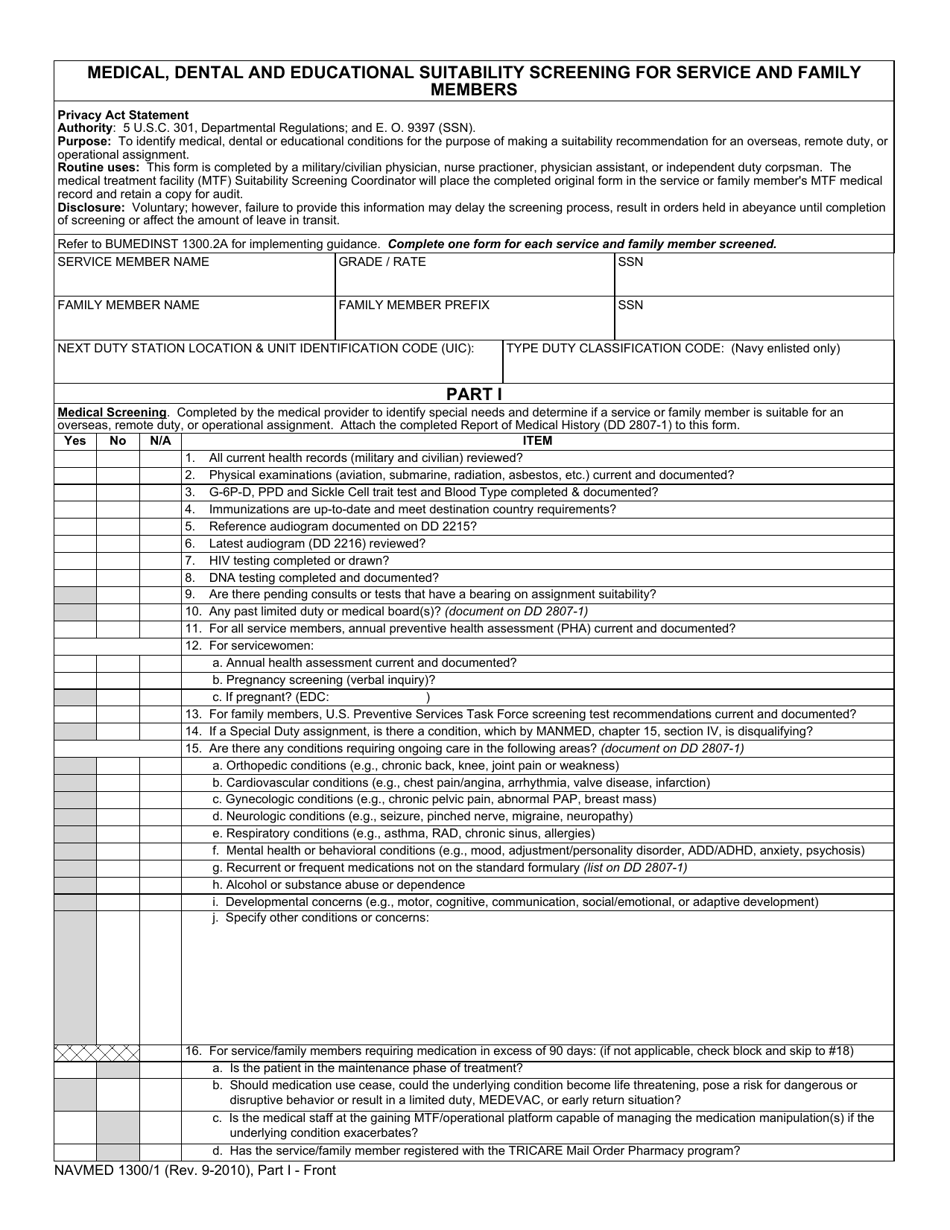 NAVMED Form 1300 / 1 Medical, Dental and Educational Suitability Screening for Service and Family Members, Page 1