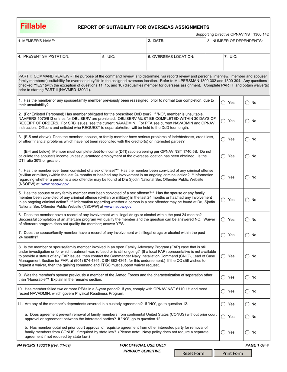 NAVPERS Form 1300 / 16 Report of Suitability for Overseas Assignments, Page 1