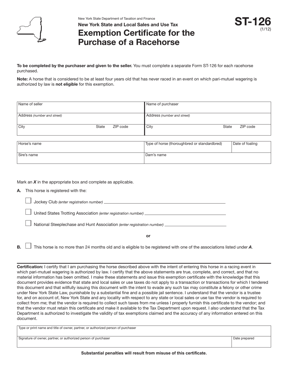 Form ST-126 Exemption Certificate for the Purchase of a Racehorse - New York, Page 1