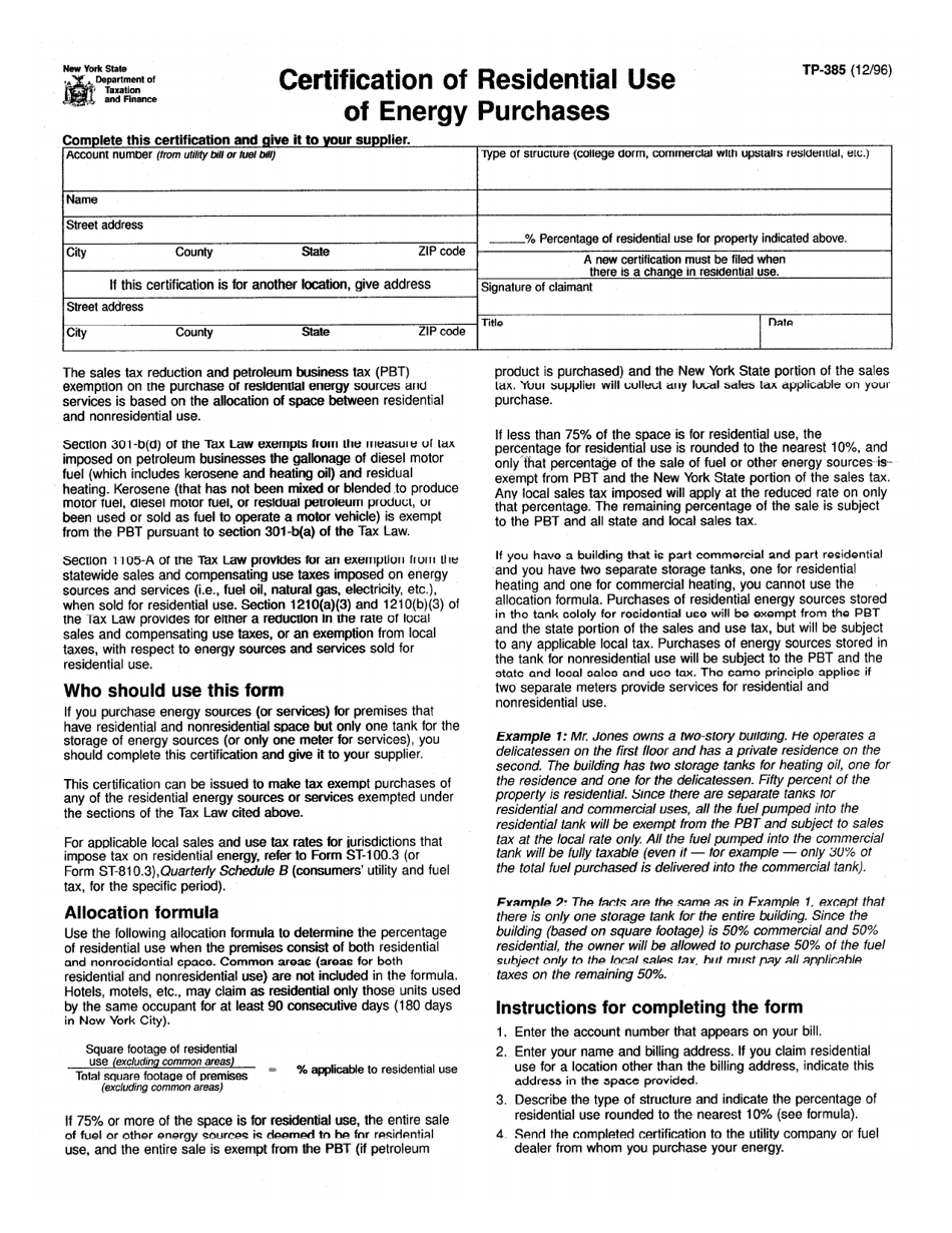 Form TP-385 Certification of Residential Use of Energy Purchases - New York, Page 1