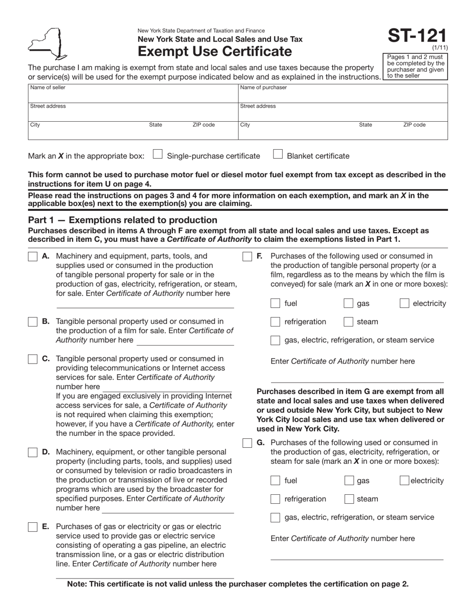Form ST-121 Exempt Use Certificate - New York, Page 1
