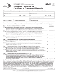 Document preview: Form ST-121.2 Exemption Certificate for Purchases of Promotional Materials - New York