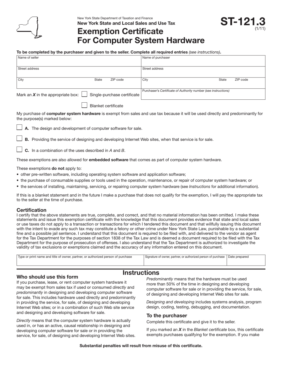 Form ST-121.3 Exemption Certificate for Computer System Hardware - New York, Page 1