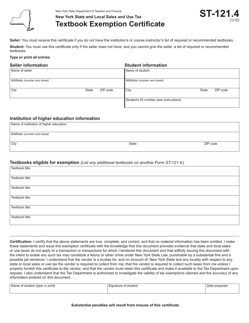 Form ST-121.4 Textbook Exemption Certificate - New York, Page 1