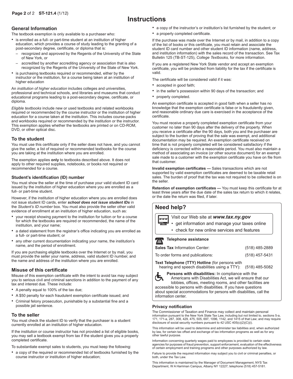 Form ST-121.4 - Fill Out, Sign Online and Download Fillable PDF, New ...