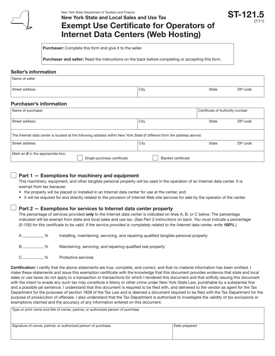 Form ST-121.5 Exempt Use Certificate for Operators of Internet Data Centers (Web Hosting) - New York, Page 1