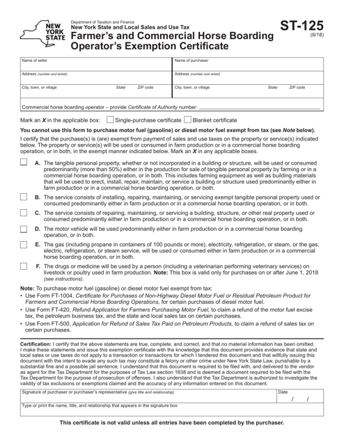 Form ST-125 Farmer's and Commercial Horse Boarding Operator's Exemption Certificate - New York