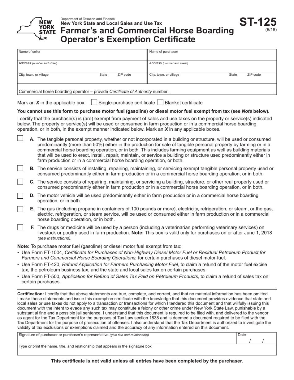 Form ST-125 Farmers and Commercial Horse Boarding Operators Exemption Certificate - New York, Page 1