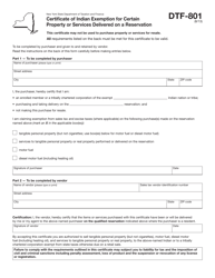 Form DTF-801 &quot;Certificate of Indian Exemption for Certain Property or Services Delivered on a Reservation&quot; - New York
