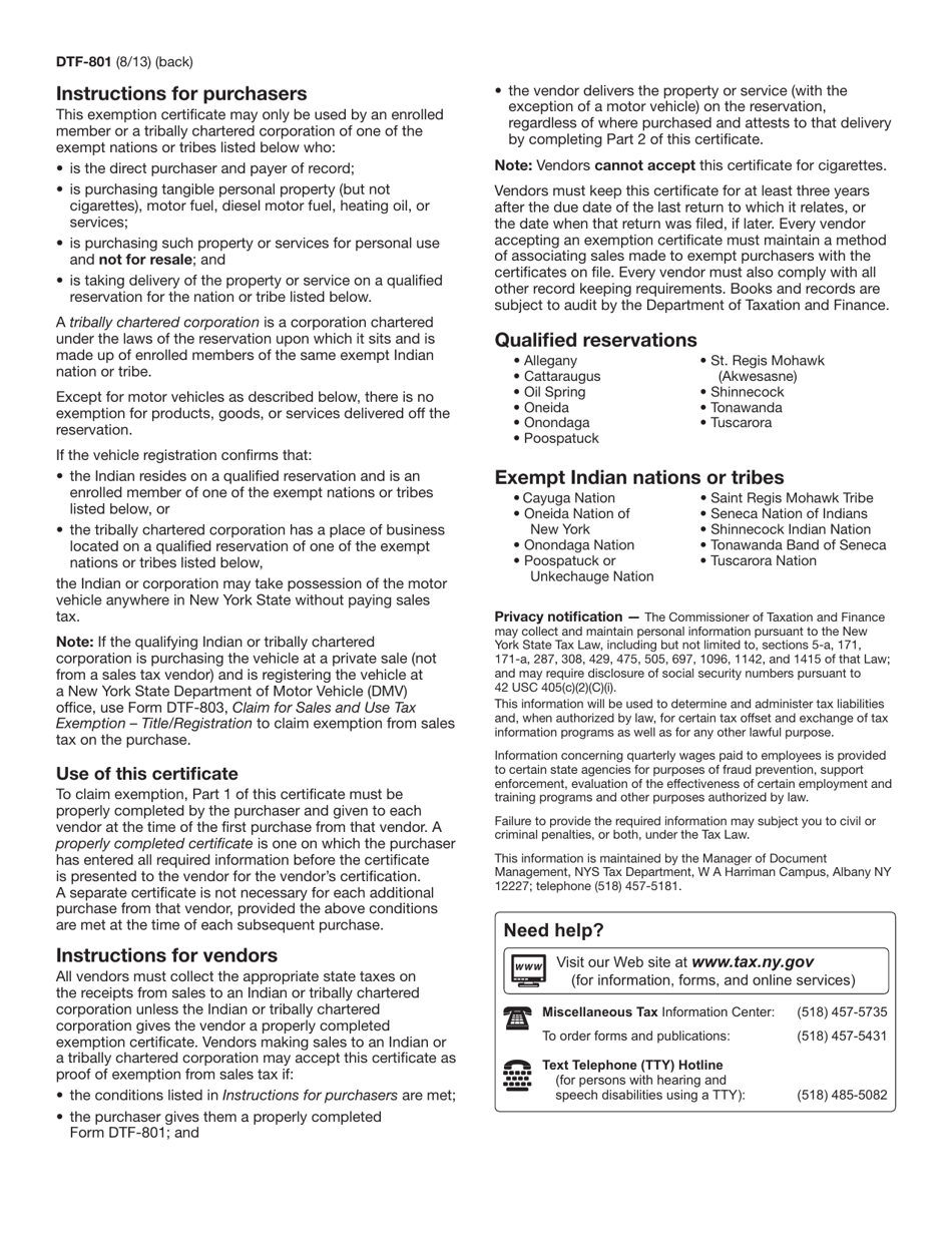 Form DTF-801 Certificate of Indian Exemption for Certain Property or Services Delivered on a Reservation - New York, Page 2