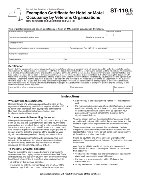 Form ST-119.5 Exemption Certificate for Hotel or Motel Occupancy by Veterans Organizations - New York