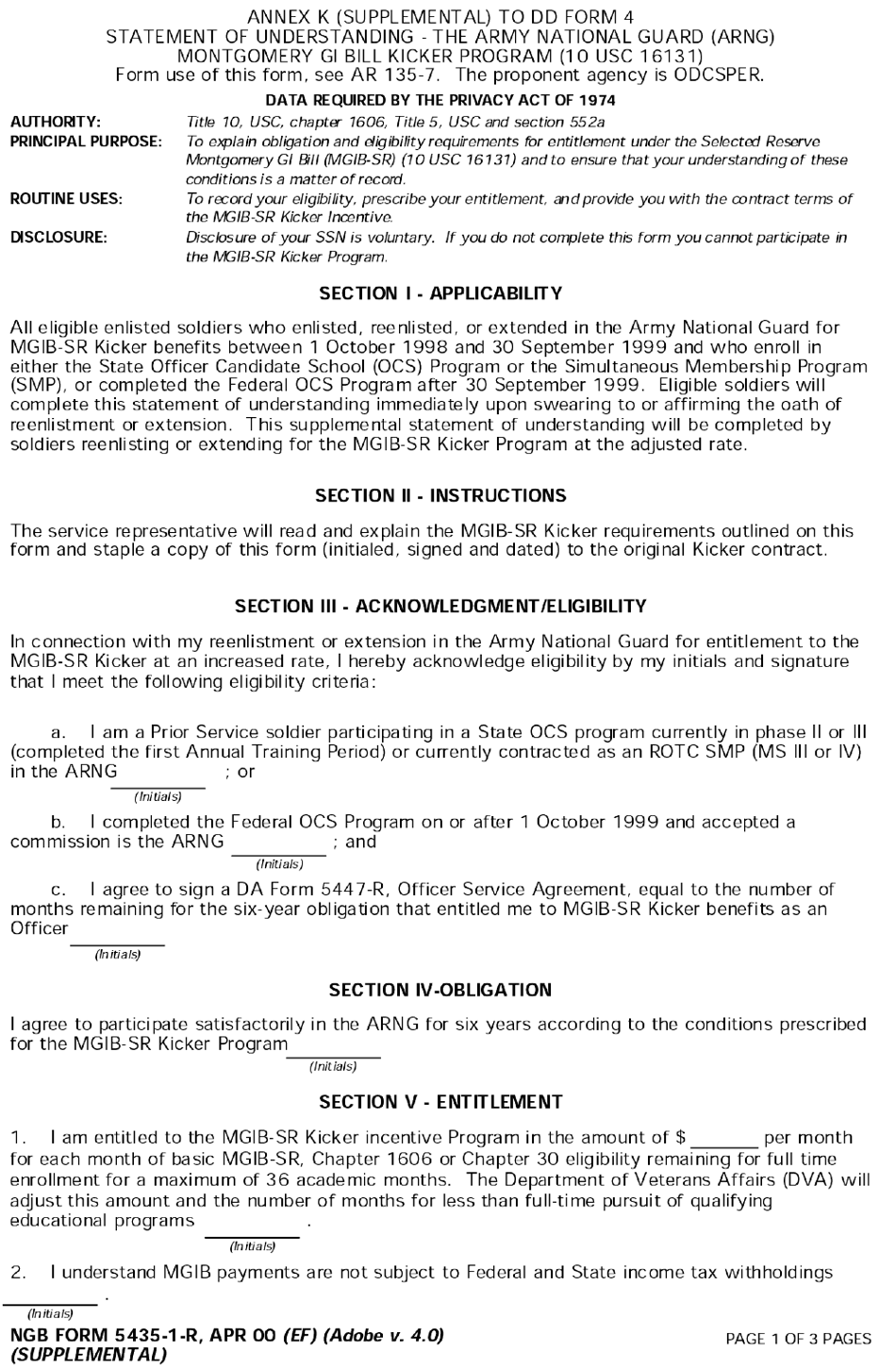 NGB Form 5435-1-R (DD Form 4) Annex K (SUPPLEMENTAL) Statement of Understanding - the Army National Guard (Arng), Page 1
