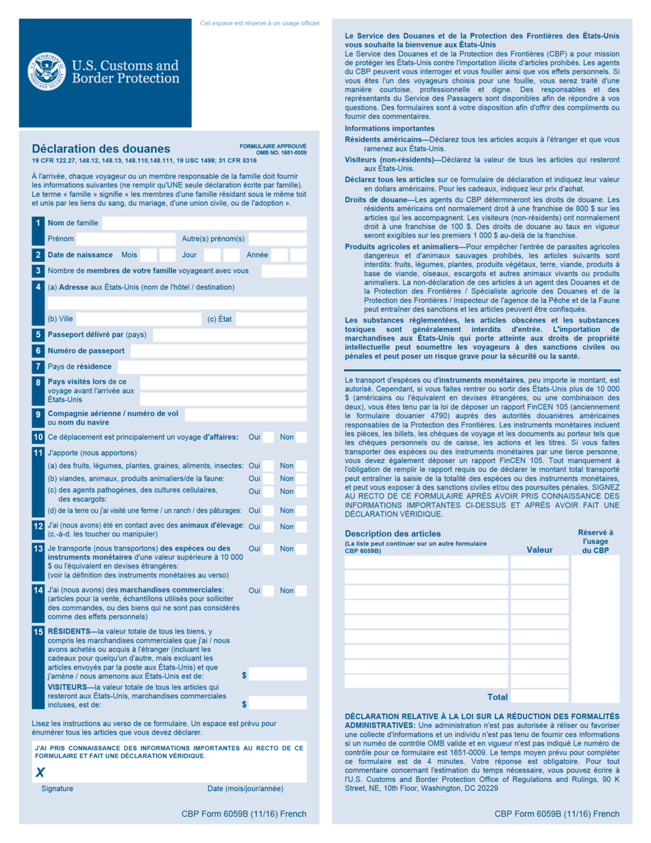CBP Form 6059B Customs Declaration Form (French), Page 1