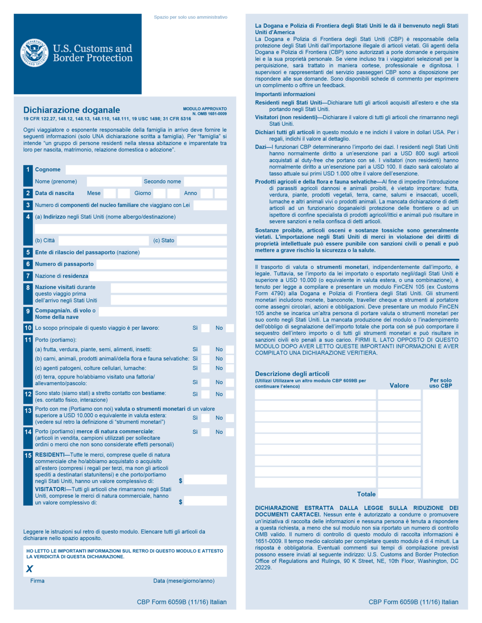 CBP Form 6059B Customs Declaration Form (Italian), Page 1