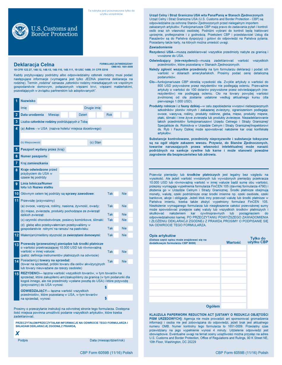 CBP Form 6059B Customs Declaration Form (Polish), Page 1