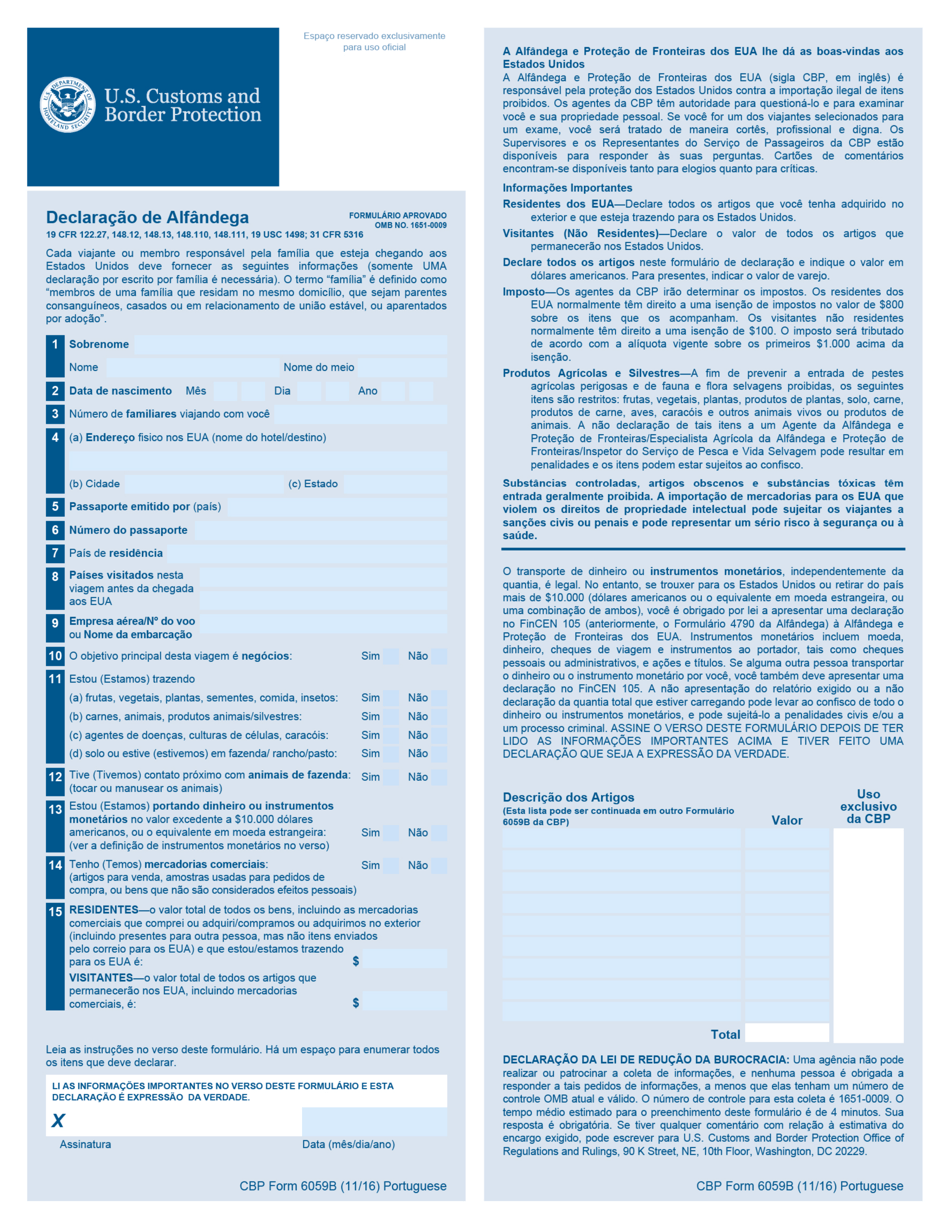 CBP Form 6059B Customs Declaration Form (Portuguese), Page 1
