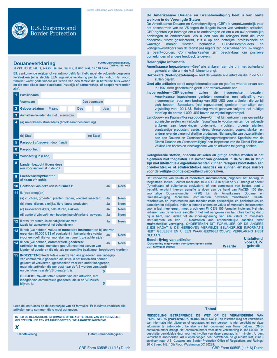 CBP Form 6059B Customs Declaration Form (Dutch), Page 1