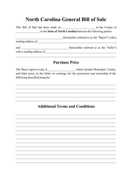 Generic Bill of Sale Form - North Carolina