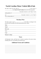 Document preview: Motor Vehicle Bill of Sale Form - North Carolina