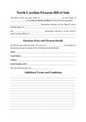 Document preview: Firearm Bill of Sale Form - North Carolina