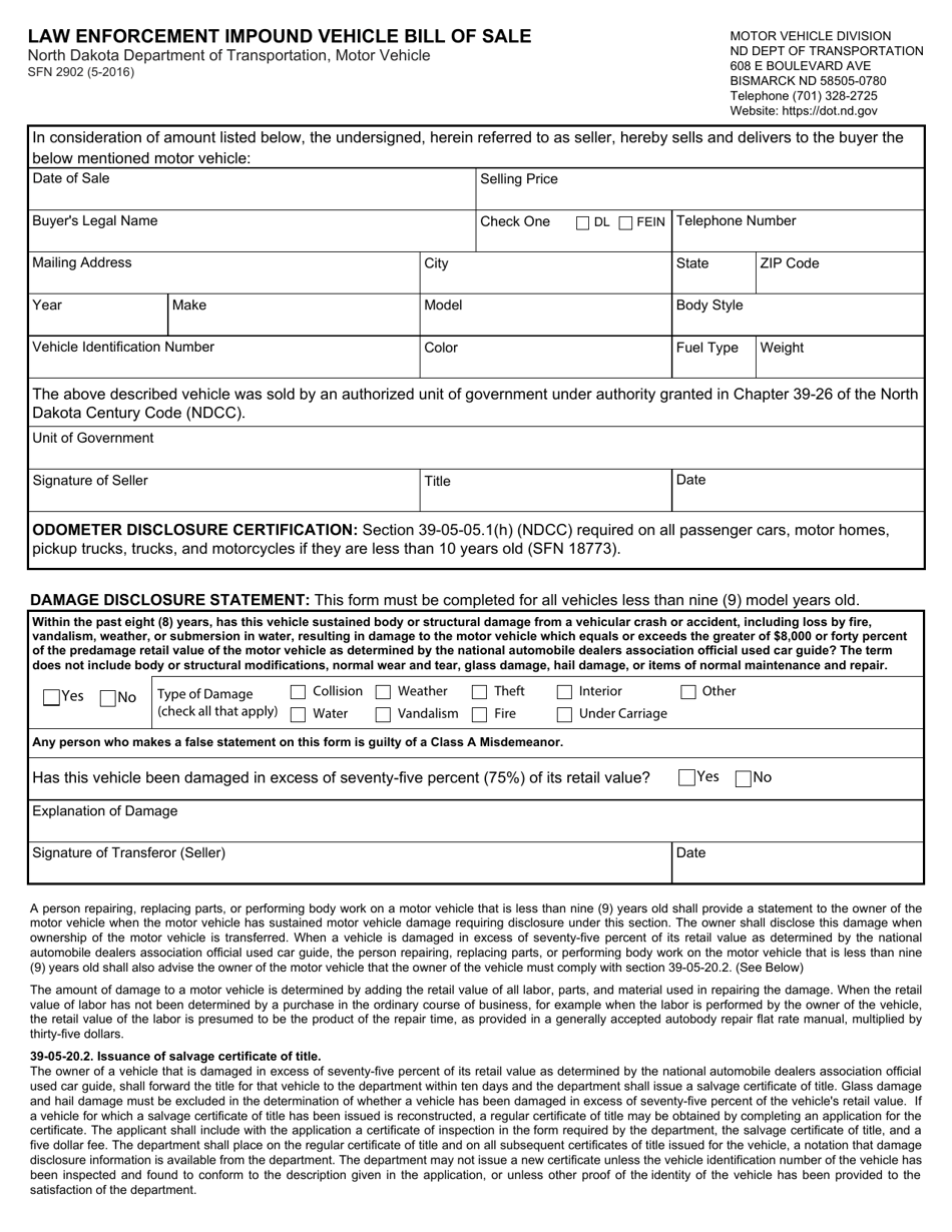Form SFN2902 Law Enforcement Impound Vehicle Bill of Sale - North Dakota, Page 1