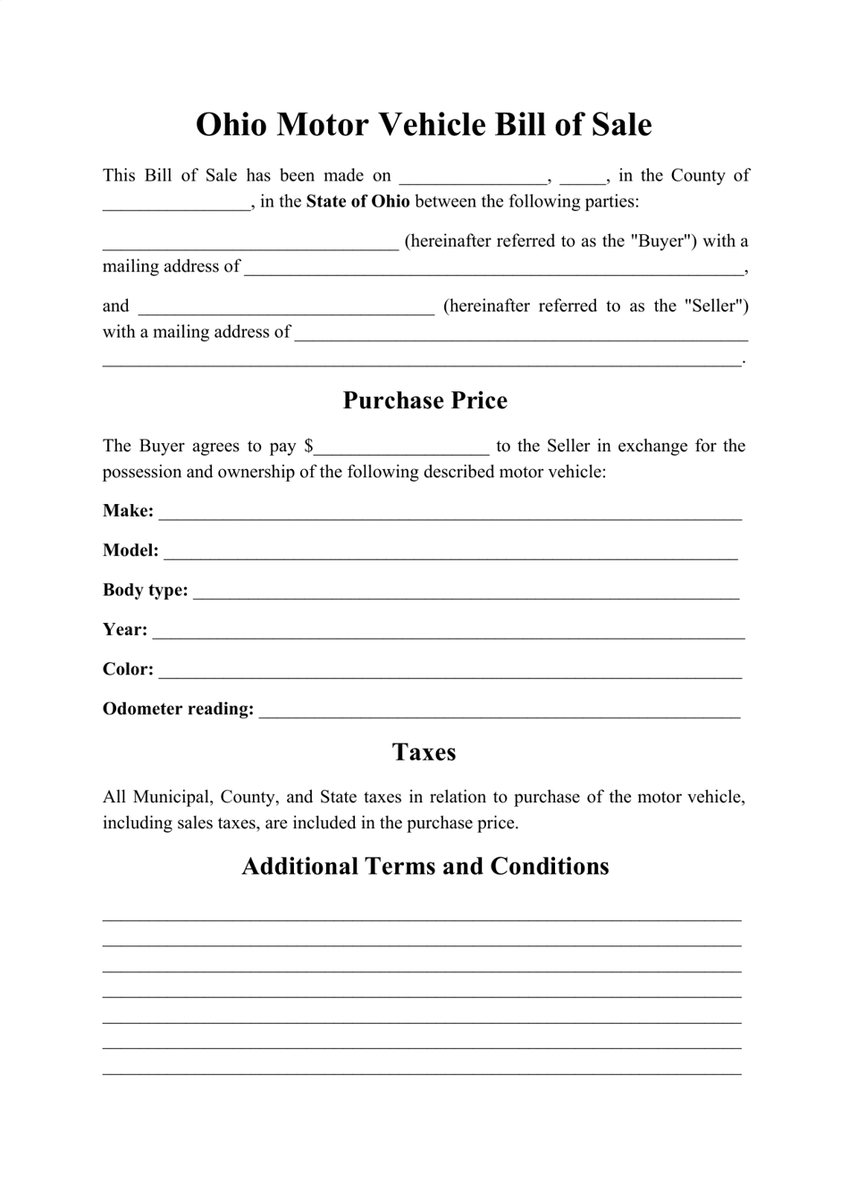 Motor Vehicle Bill of Sale Form - Ohio, Page 1