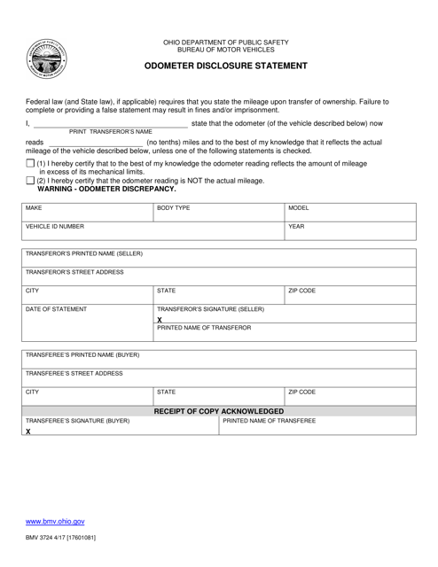 Form BMV3724 Odometer Disclosure Statement - Ohio