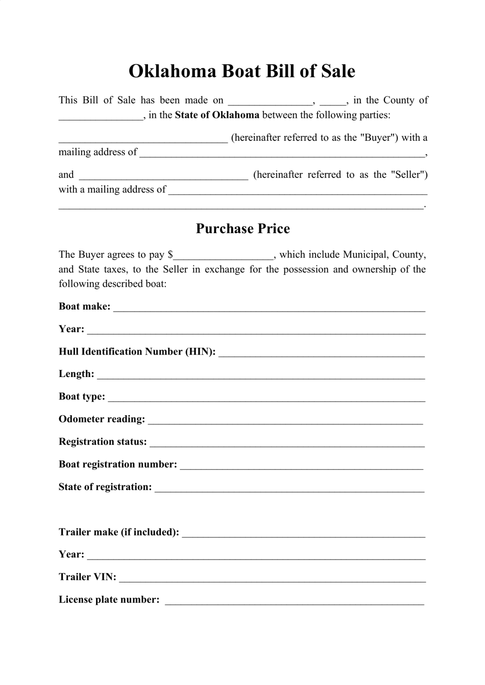Boat Bill of Sale Form - Oklahoma, Page 1
