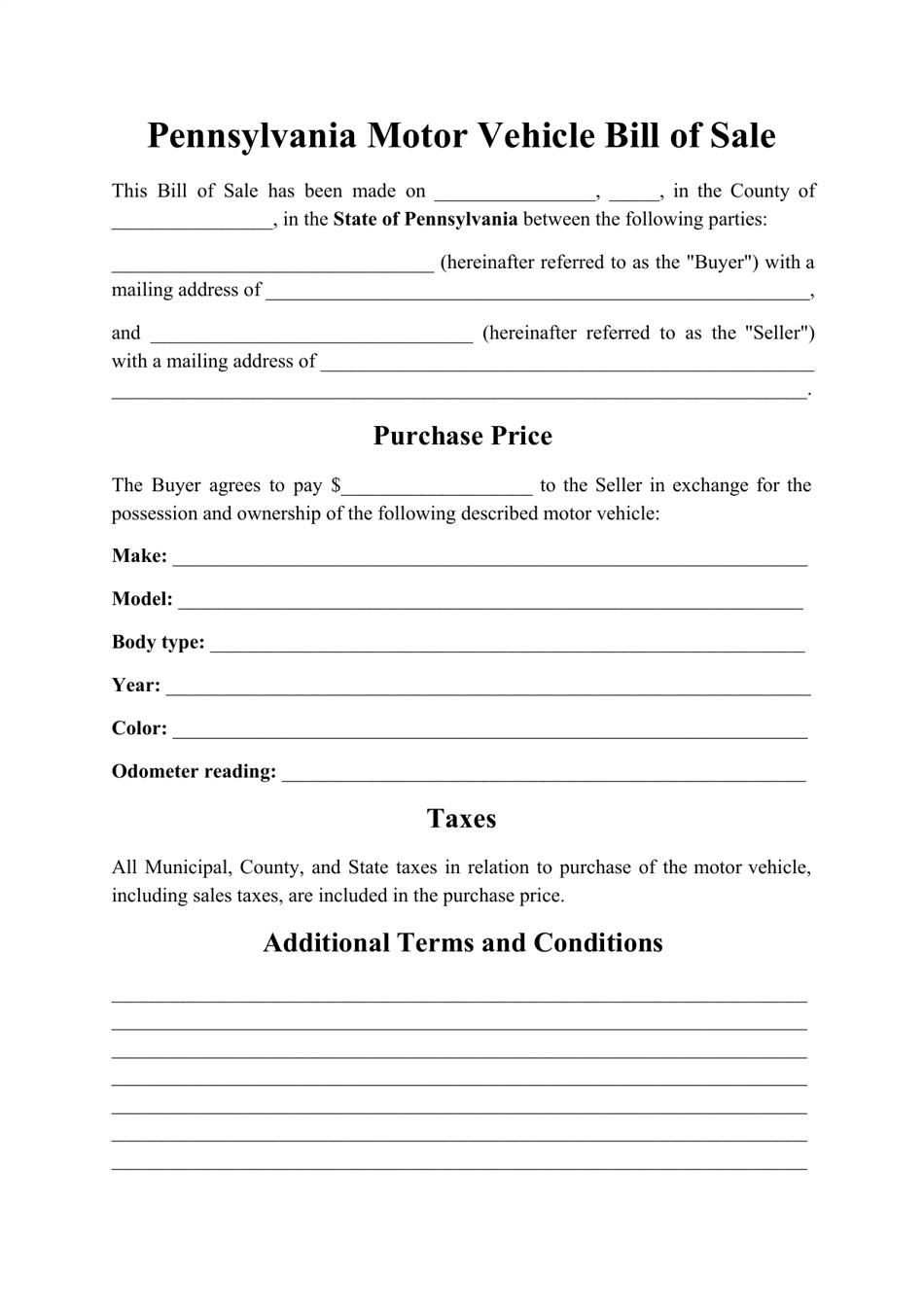 Motor Vehicle Bill of Sale Form - Pennsylvania, Page 1