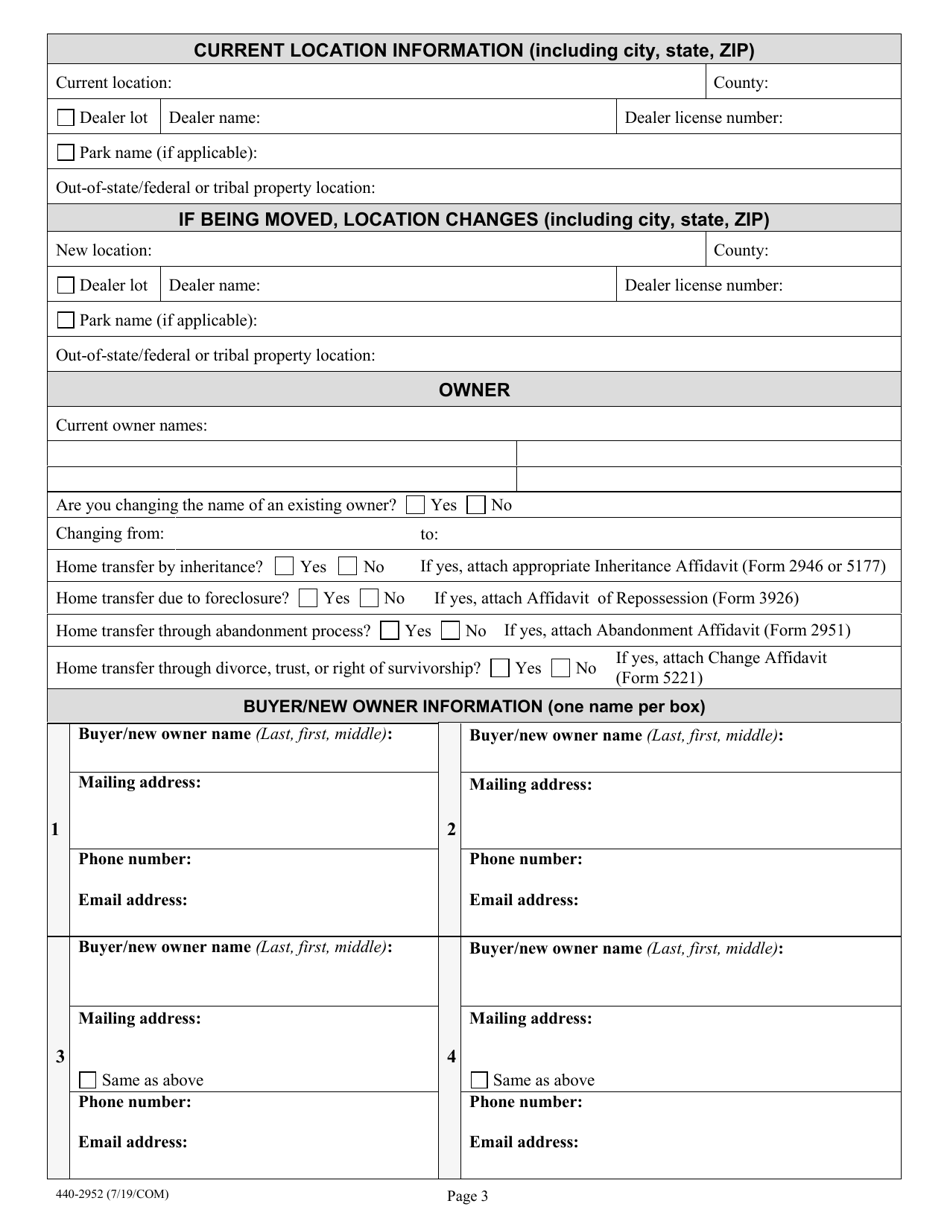 Form 440-2952 Manufactured Home Ownership Document Application for New and Used Homes - Oregon, Page 3