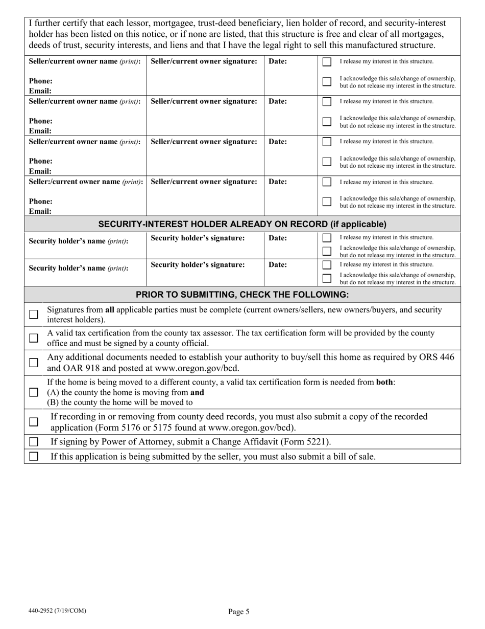 Form 440-2952 Manufactured Home Ownership Document Application for New and Used Homes - Oregon, Page 5